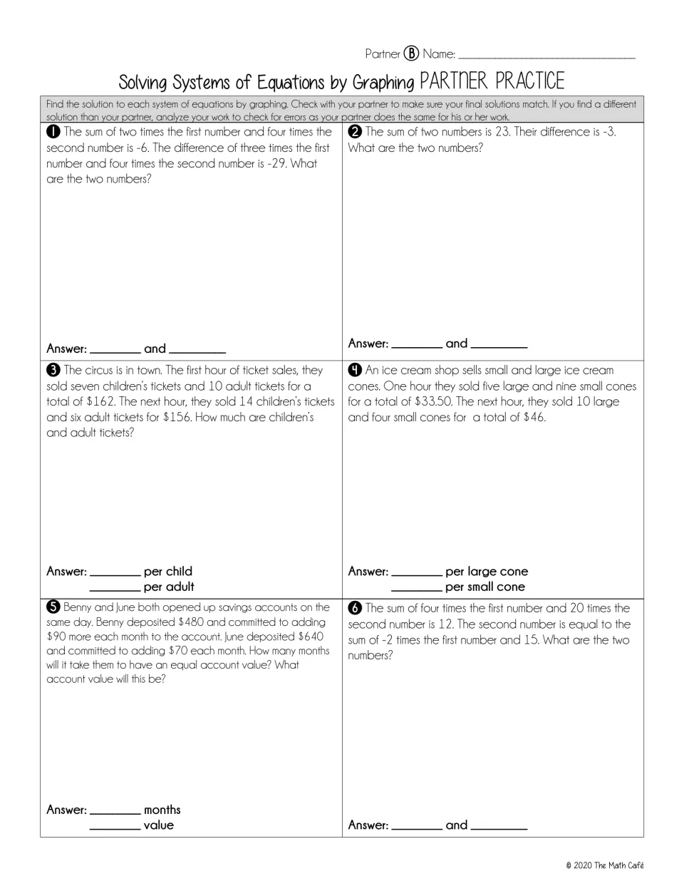 Partner B practice: six word problems, including numbers with a sum of 23 and savings starting at $480 and $640