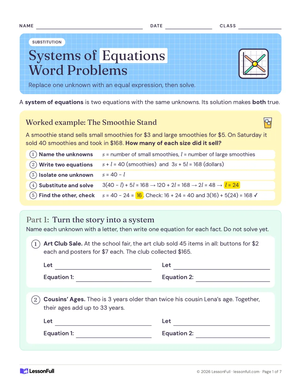 Substitution lesson opening: a worked smoothie stand example and equation-writing tasks on sales and ages