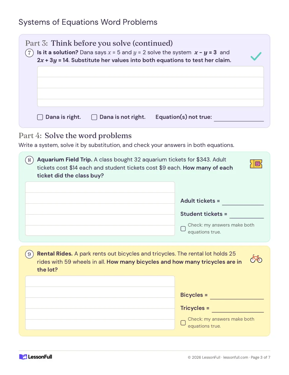 Substitution exercises 7–9: test Dana’s proposed solution, then solve aquarium ticket and rental ride problems