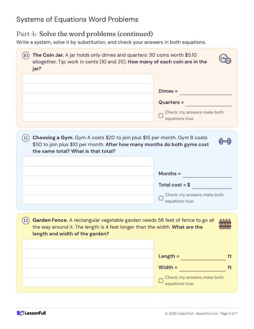 Substitution word problems 10–12: find coin counts, compare gym costs, and calculate garden dimensions