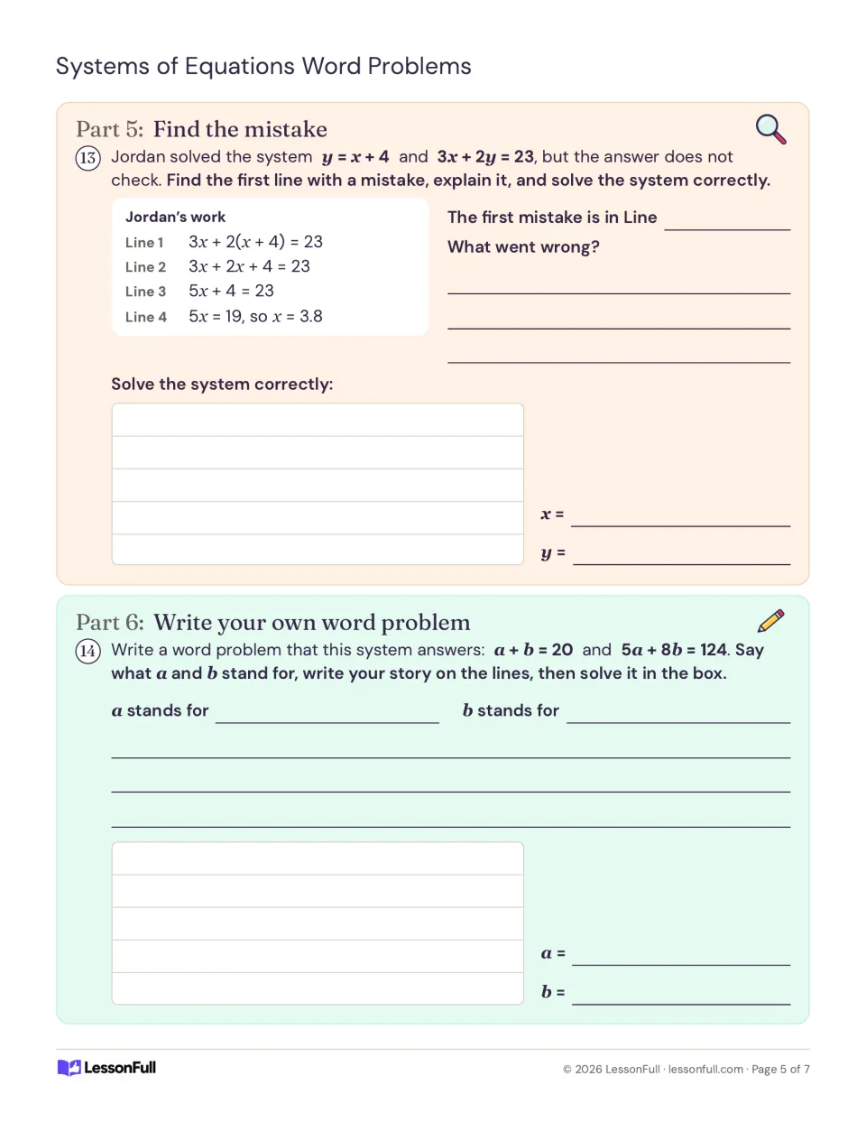 Substitution exercises 13–14: correct Jordan’s distribution error and write a story for a given system