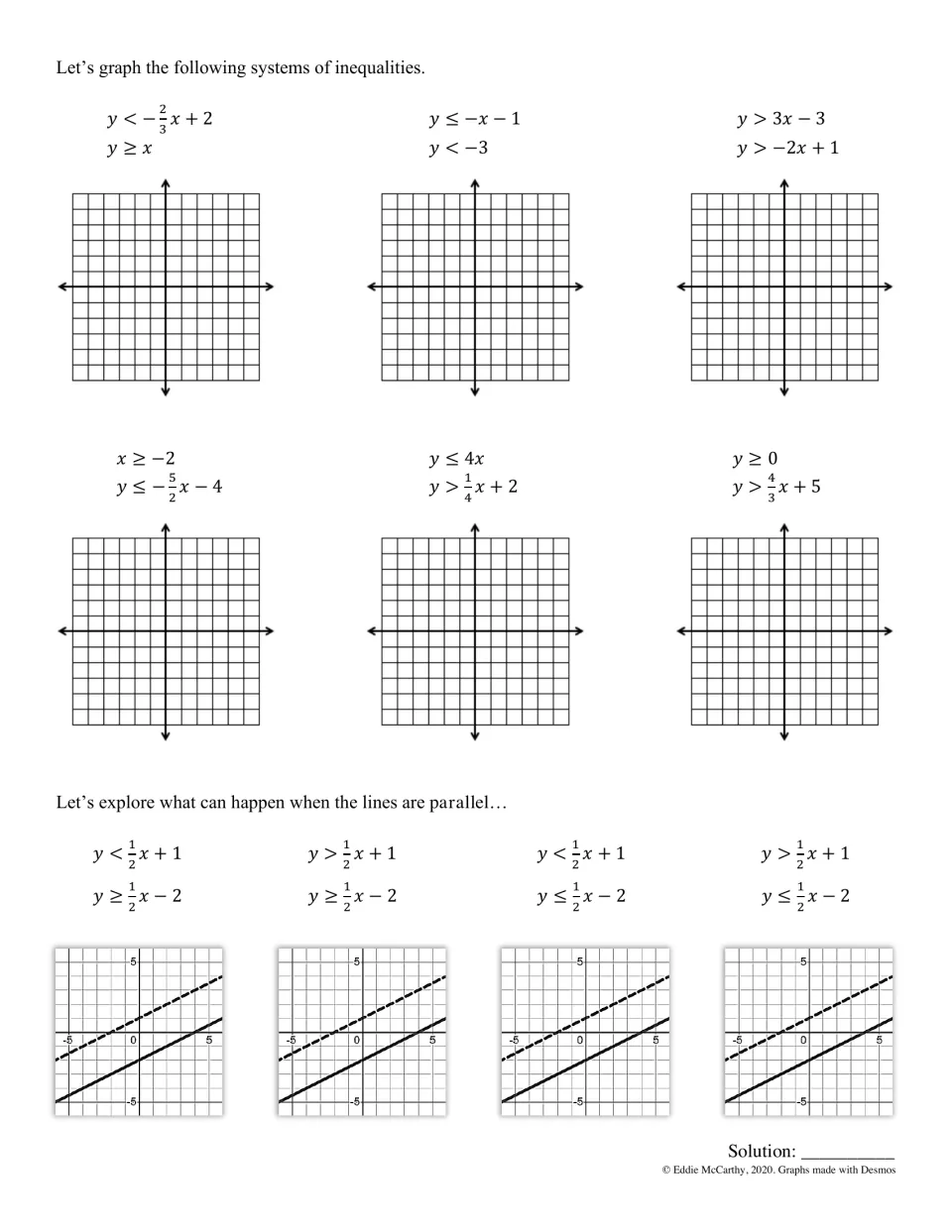 Graphing systems of inequalities: students graph six systems, then compare four parallel-line systems to find solutions