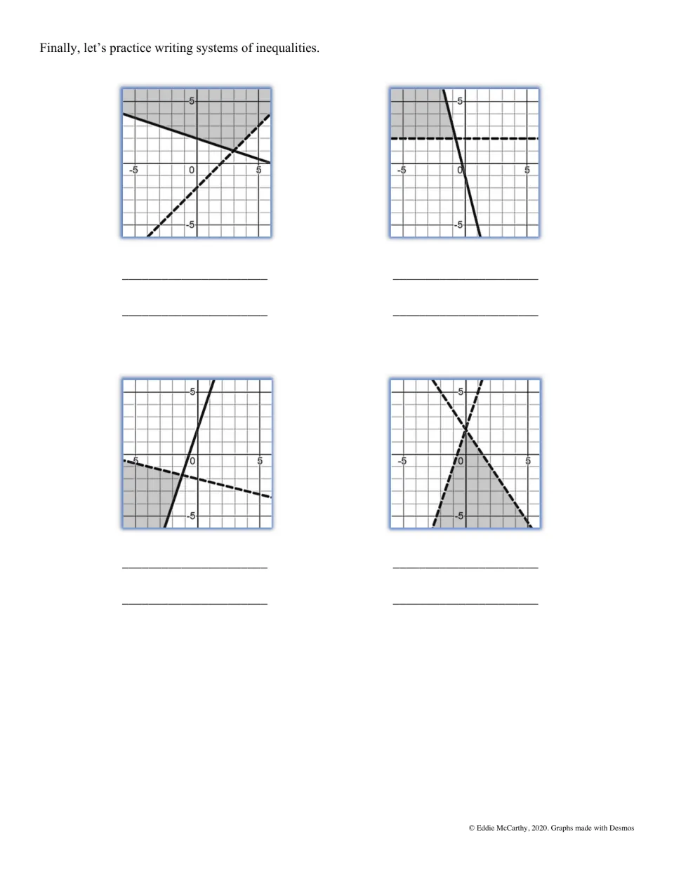 Writing systems of inequalities: students write the two inequalities shown by each of four shaded graphs