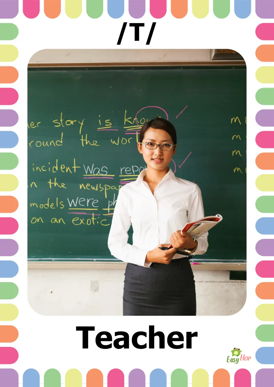 Vocabulary flashcard 1 of 20: /T/ and Teacher, with a photograph of a teacher holding books by a chalkboard