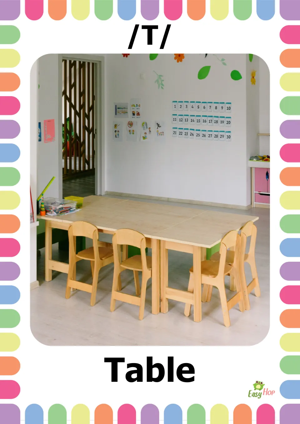 Vocabulary flashcard 2 of 20: /T/ and Table, with a photograph of a classroom table surrounded by chairs
