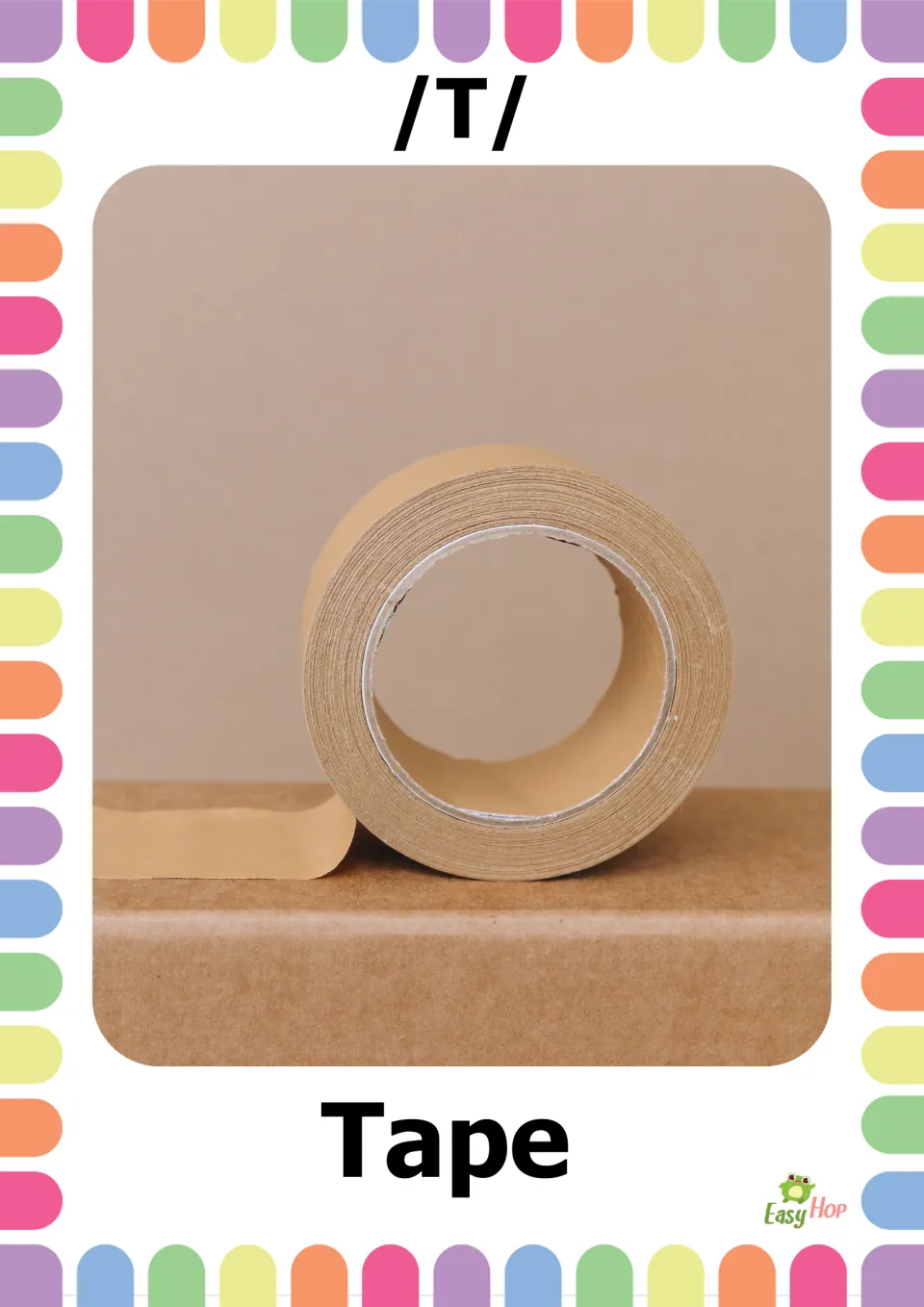 Vocabulary flashcard 3 of 20: /T/ and Tape, with a photograph of a brown tape roll with a strip unrolled
