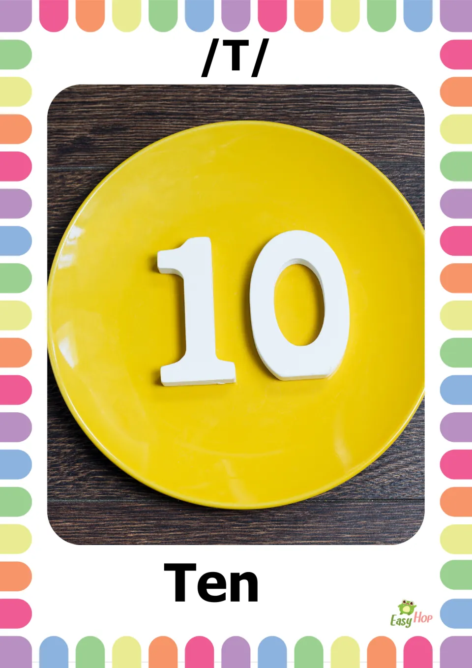 Vocabulary flashcard 4 of 20: /T/ and Ten, with a photograph of white numerals forming 10 on a yellow plate