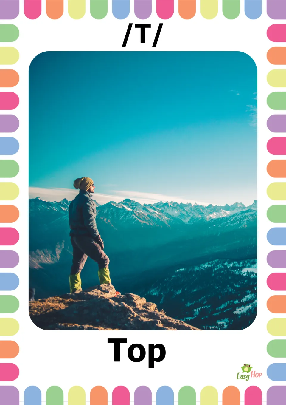 Vocabulary flashcard 9 of 20: /T/ and Top, with a photograph of a person standing high above a mountain valley