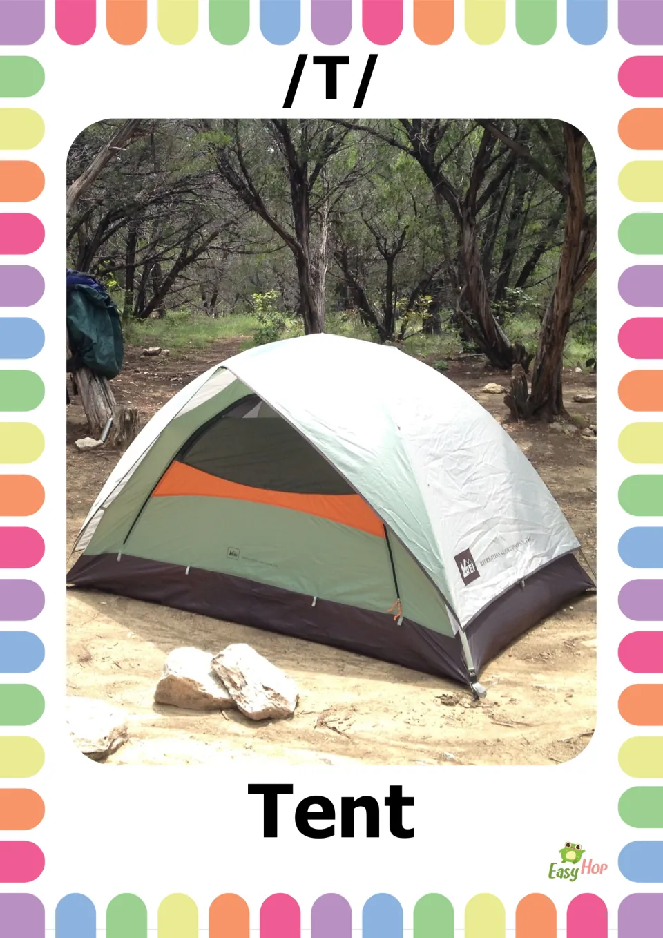 Vocabulary flashcard 10 of 20: /T/ and Tent, with a photograph of a dome tent set up at a wooded campsite
