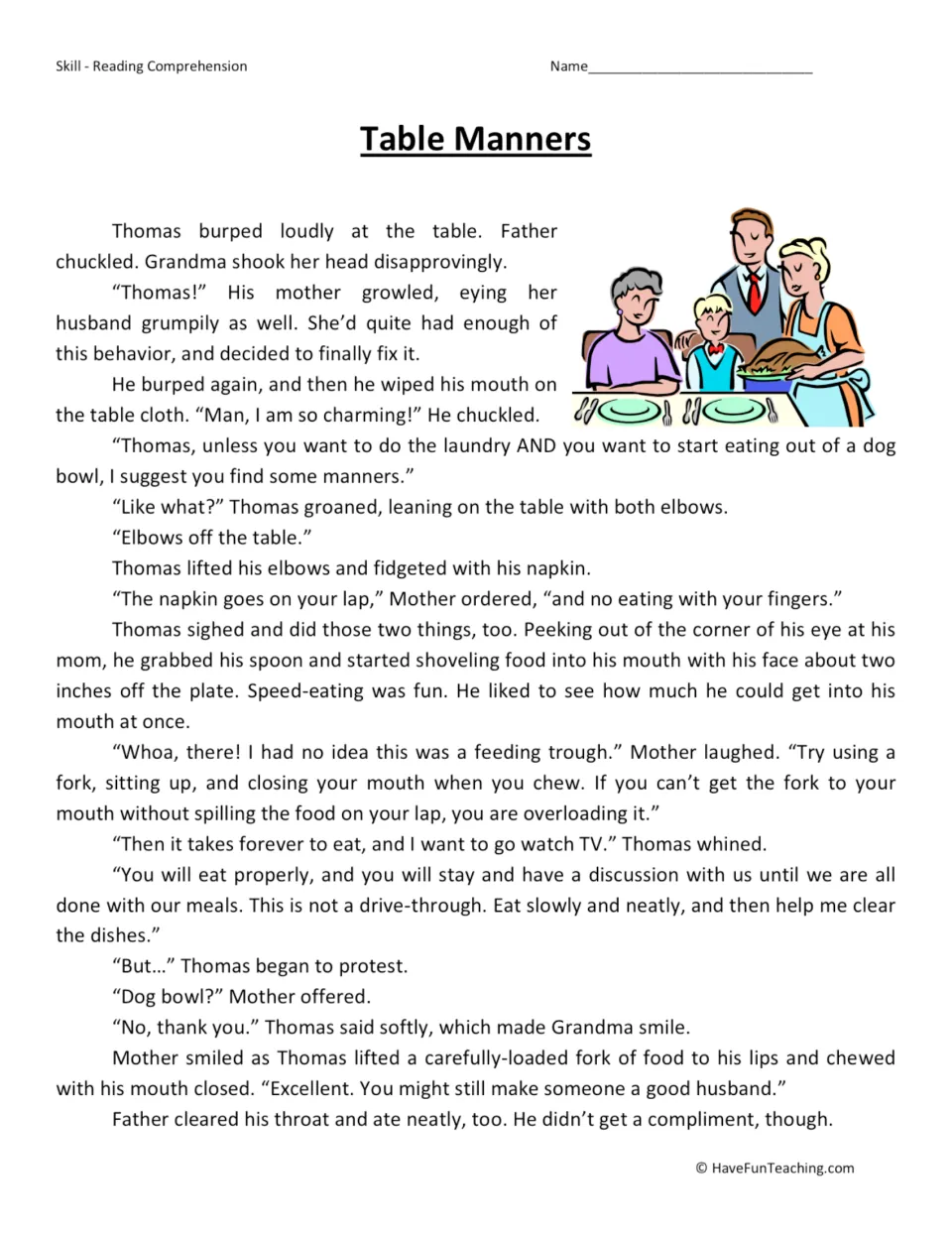 Reading passage "Table Manners": students read a story about Thomas, who burps at dinner until Mother teaches manners