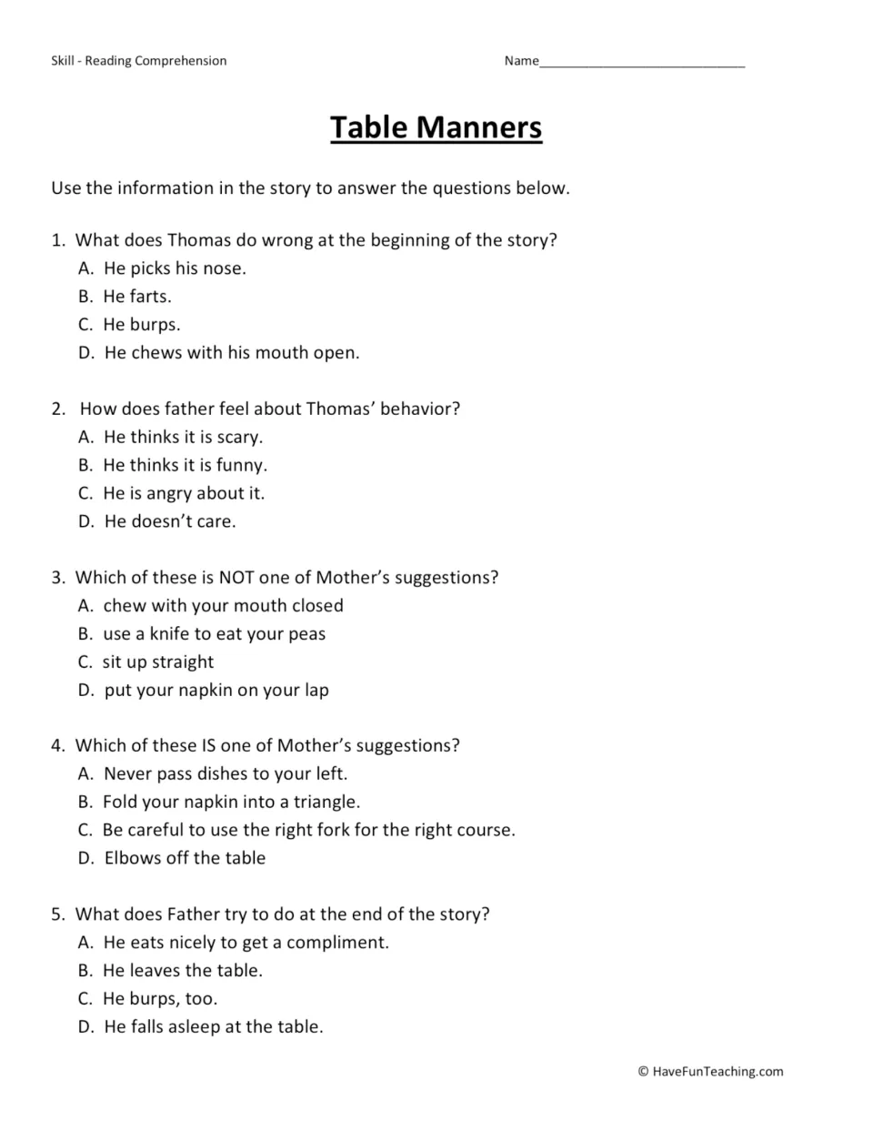 Story questions on Thomas's dinner manners: students answer 5 multiple-choice items about what Father and Mother say
