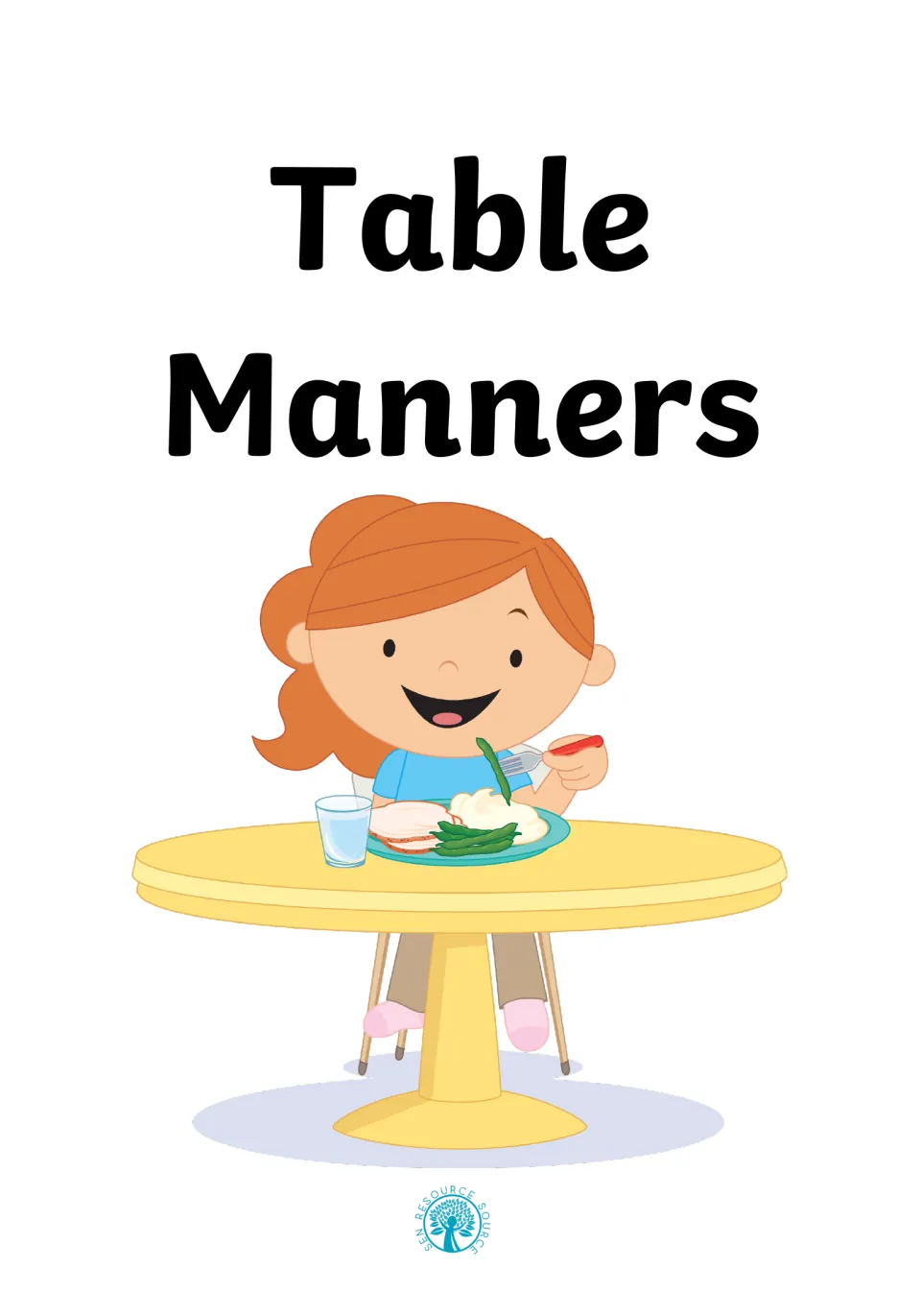 Table Manners social story cover: a smiling girl eats turkey, mashed potato and green beans with a fork at a yellow table