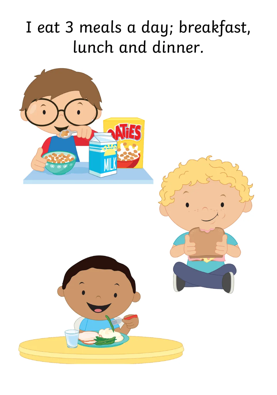 Daily meals story page: 'I eat 3 meals a day' with children eating cereal, a sandwich and a plate of dinner