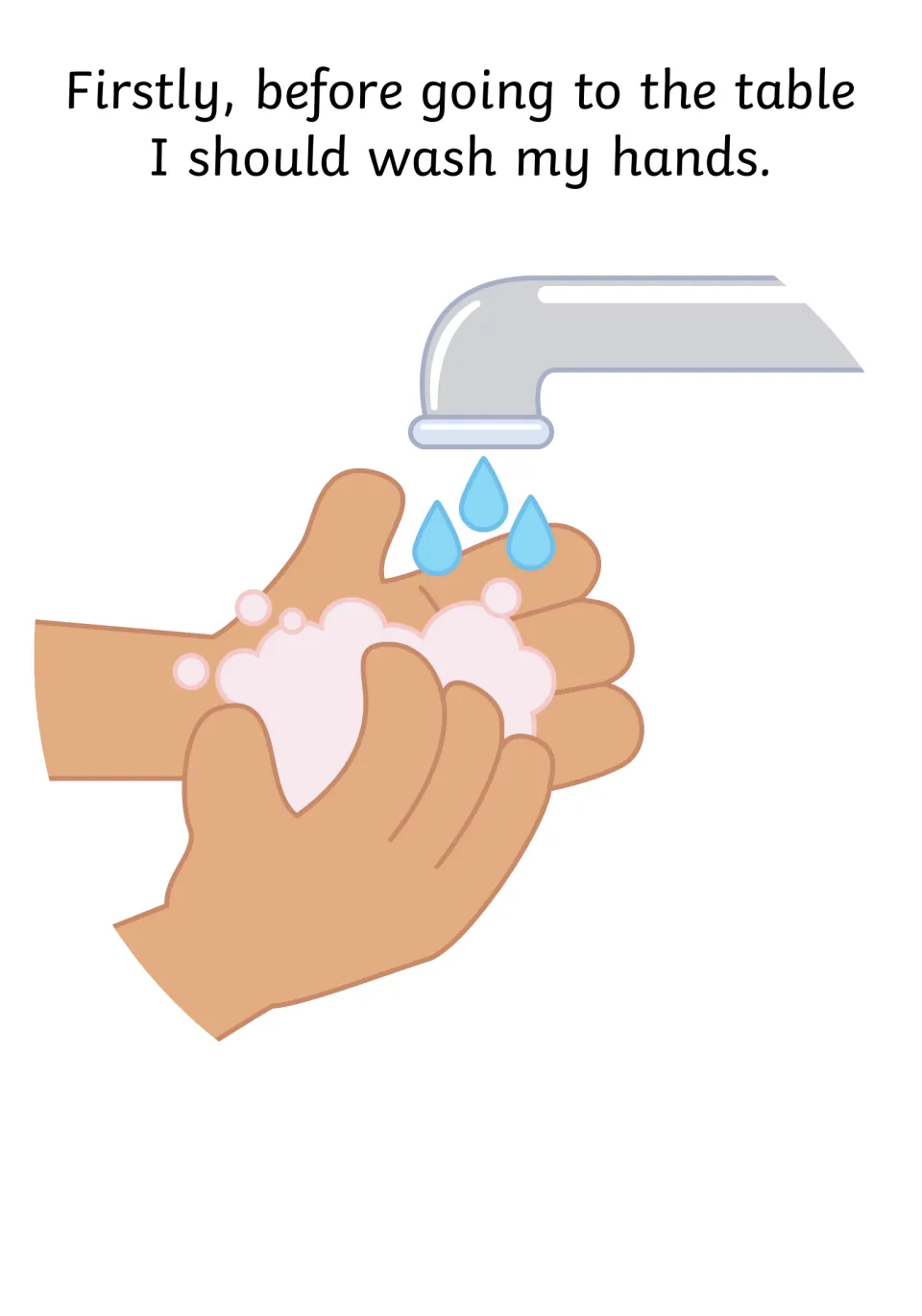 Handwashing step: 'Firstly, before going to the table I should wash my hands' with soapy hands under a running tap