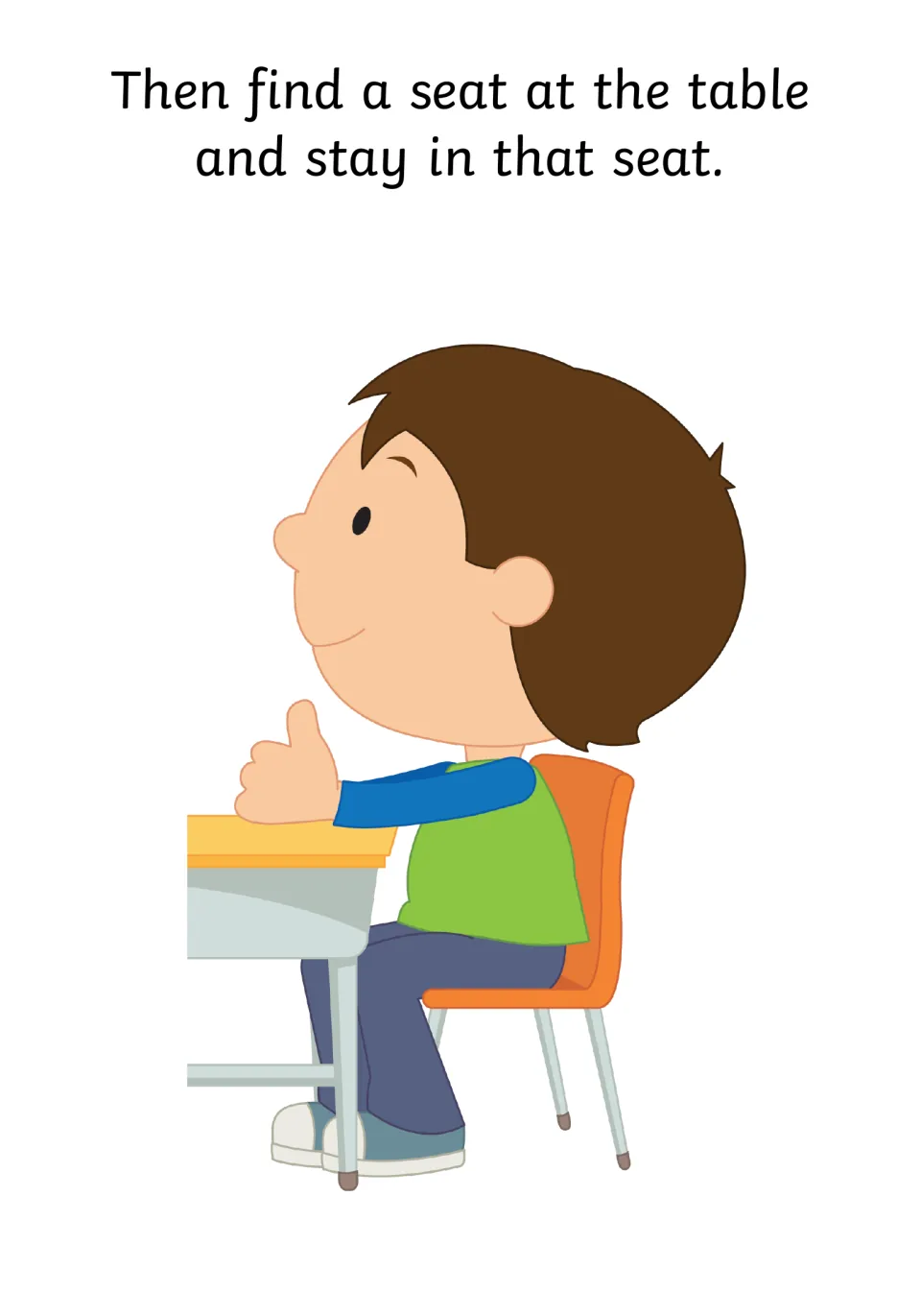 Staying put at mealtimes: readers pick a spot at the table and remain there, shown by a boy on an orange chair