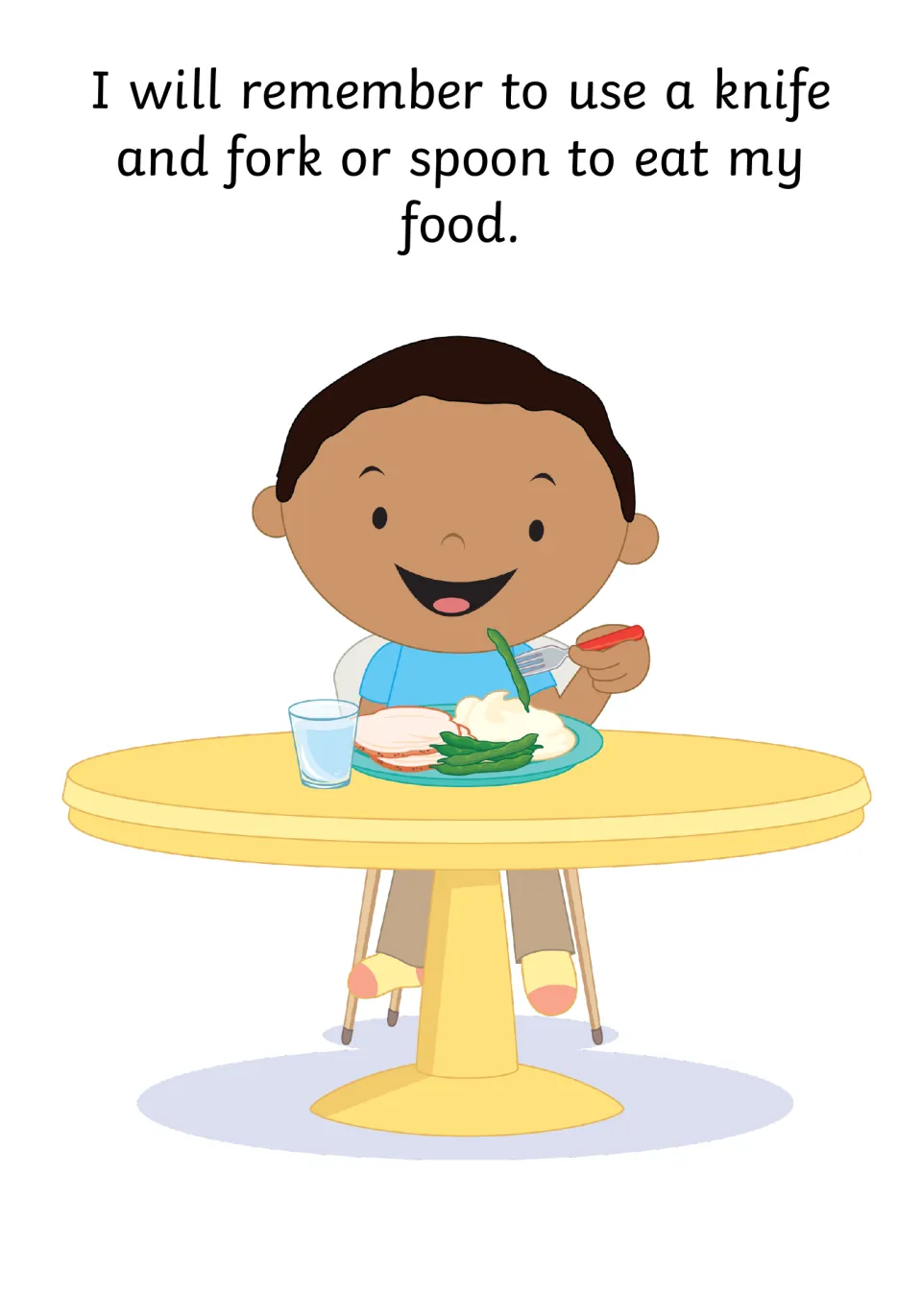 Using cutlery: 'I will remember to use a knife and fork or spoon to eat my food' beside a boy eating turkey and green beans
