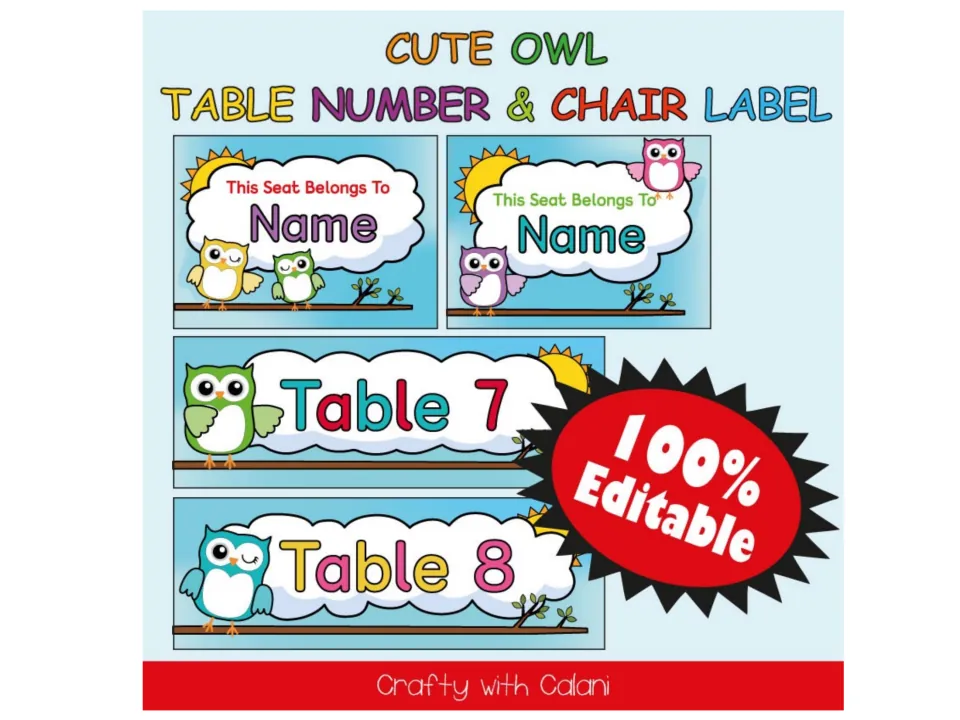 Cute owl table number and chair label cover showing Table 7 and Table 8 signs and two seat name labels, 100% Editable