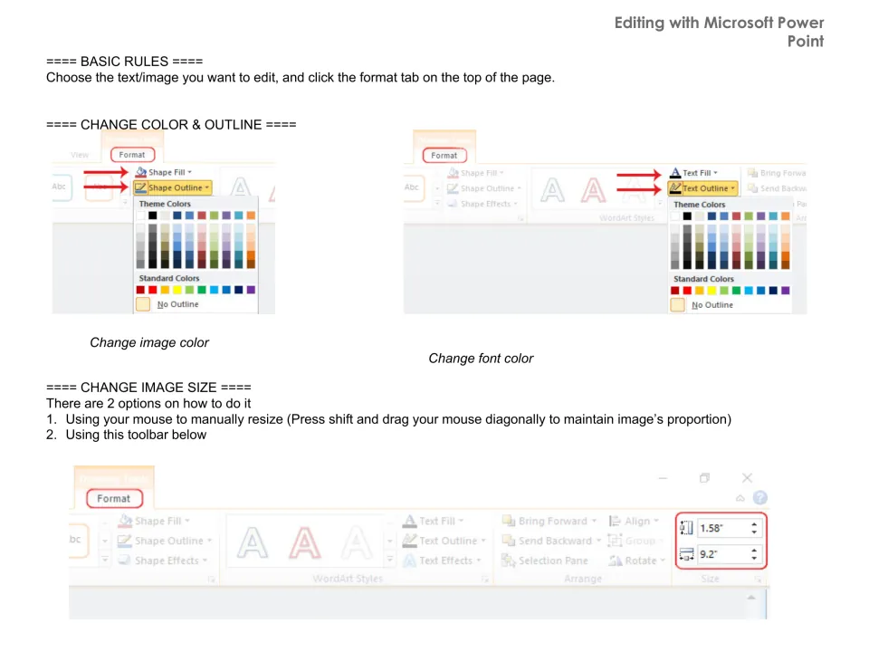 Editing with Microsoft PowerPoint: steps to change shape and font color and outline and to resize images with the toolbar