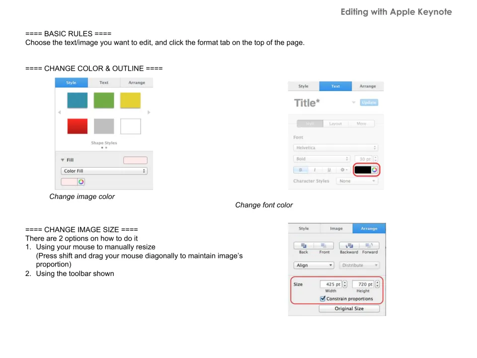 Editing with Apple Keynote: steps to change fill color and font color and to resize images with constrained proportions