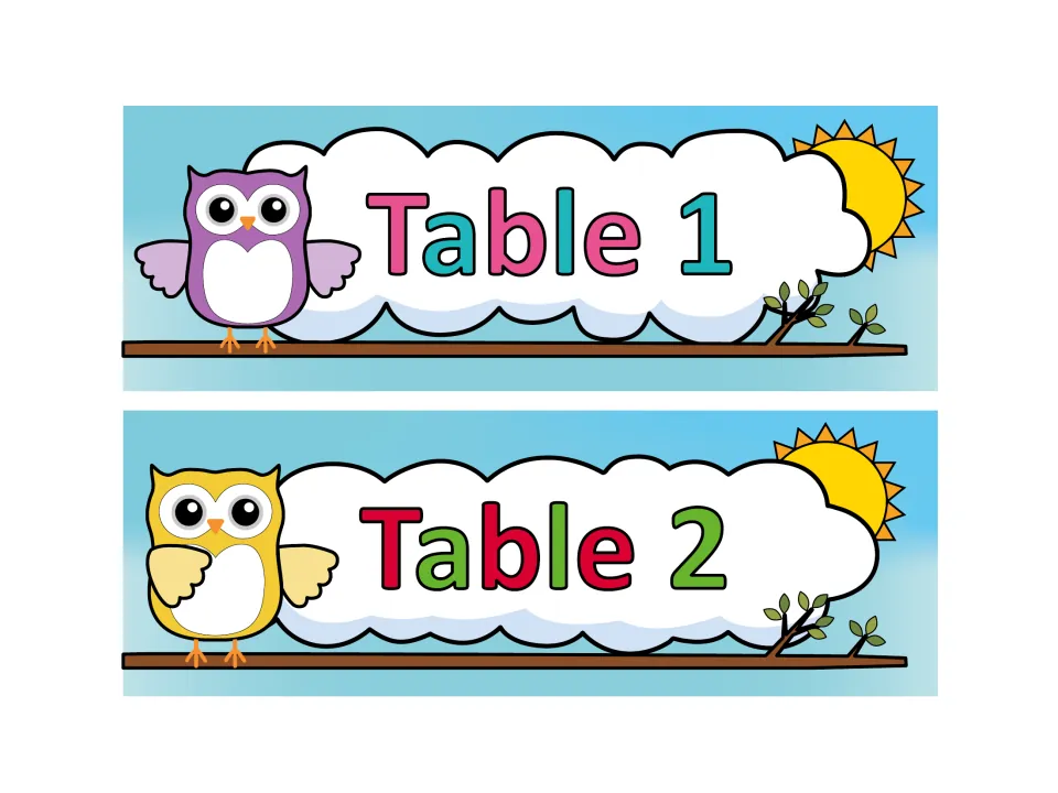 Table 1 and Table 2 number signs, each with an owl on a branch, a cloud, and a sun against a blue sky