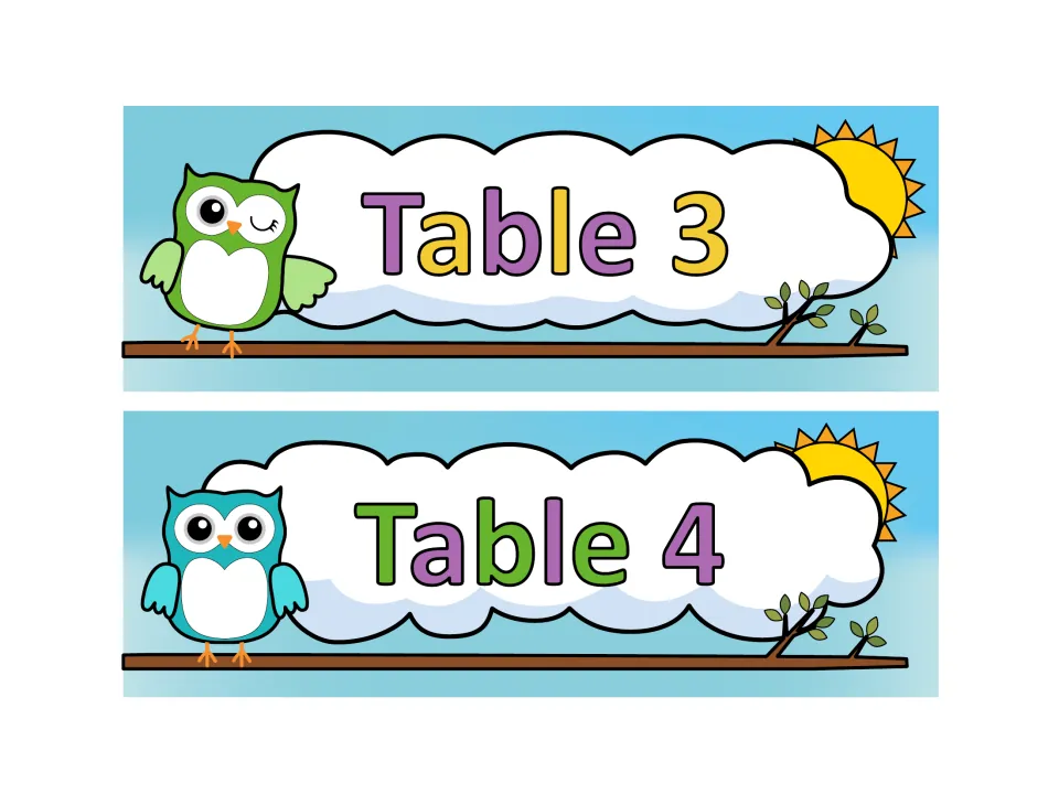 Table 3 and Table 4 number signs with a winking green owl and a teal owl on branches under colorful lettering
