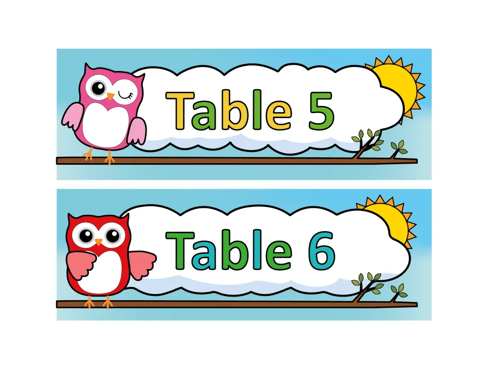 Table 5 and Table 6 number signs featuring a winking pink owl and a red owl perched on branches beside a sun