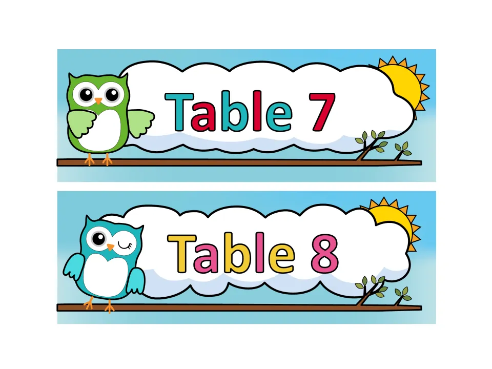 Table 7 and Table 8 number signs with a green owl and a winking teal owl on branches, sun and cloud behind the text