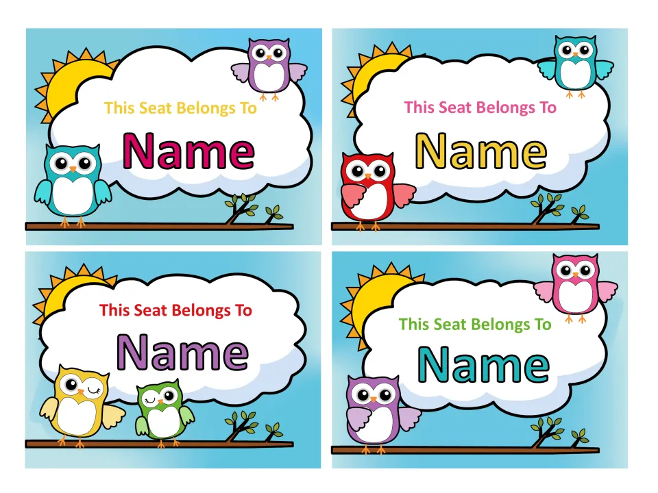 Four chair labels reading This Seat Belongs To Name, each with colorful owls, a cloud and a sun for adding a student name