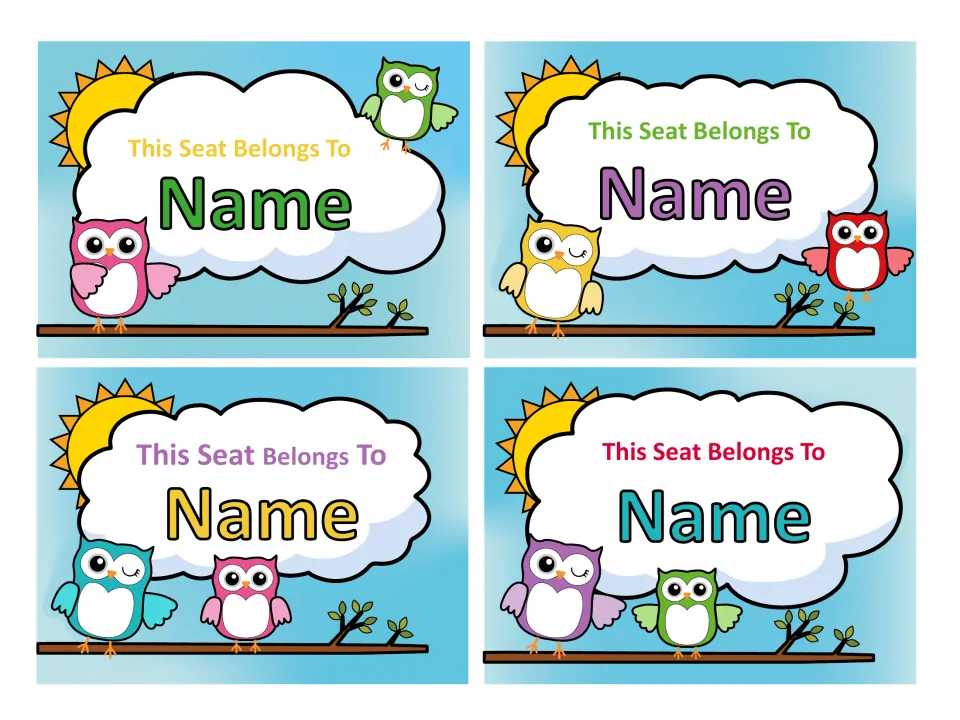 Four more This Seat Belongs To Name chair labels with different owl pairings and text colors, ready for student names