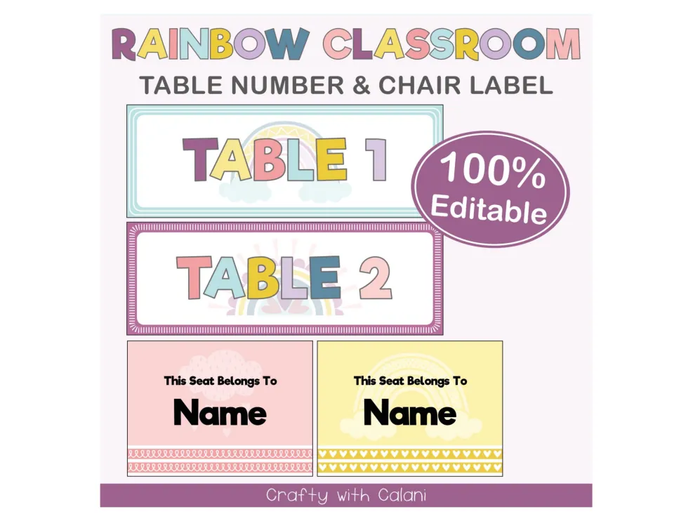 Rainbow Classroom table number and chair label cover showing Table 1, Table 2 and two This Seat Belongs To Name labels