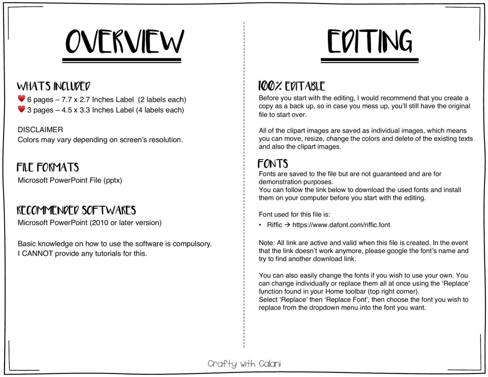 Overview and editing notes: 6 pages of 7.7 x 2.7 inch labels, 3 pages of 4.5 x 3.3 inch labels, PowerPoint file, font
