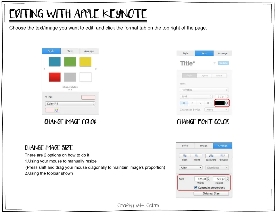 Editing with Apple Keynote: panel screenshots for changing image color, font color and image size