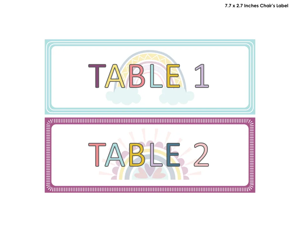 Table 1 and Table 2 labels in pastel multicolor letters, one with a teal frame and rainbow, one with a purple frame