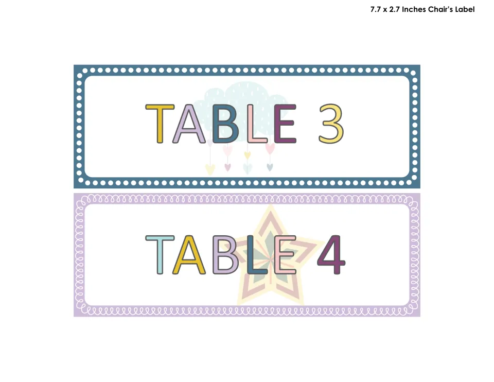 Table 3 and Table 4 labels in pastel letters, one with a blue frame and rain cloud, one with a lavender frame and star