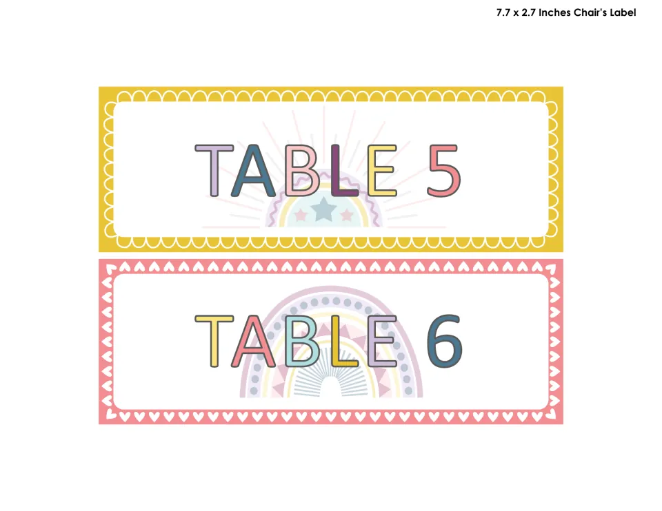 Table 5 and Table 6 labels in pastel letters, one with a yellow frame and star, one with a pink heart frame and rainbow
