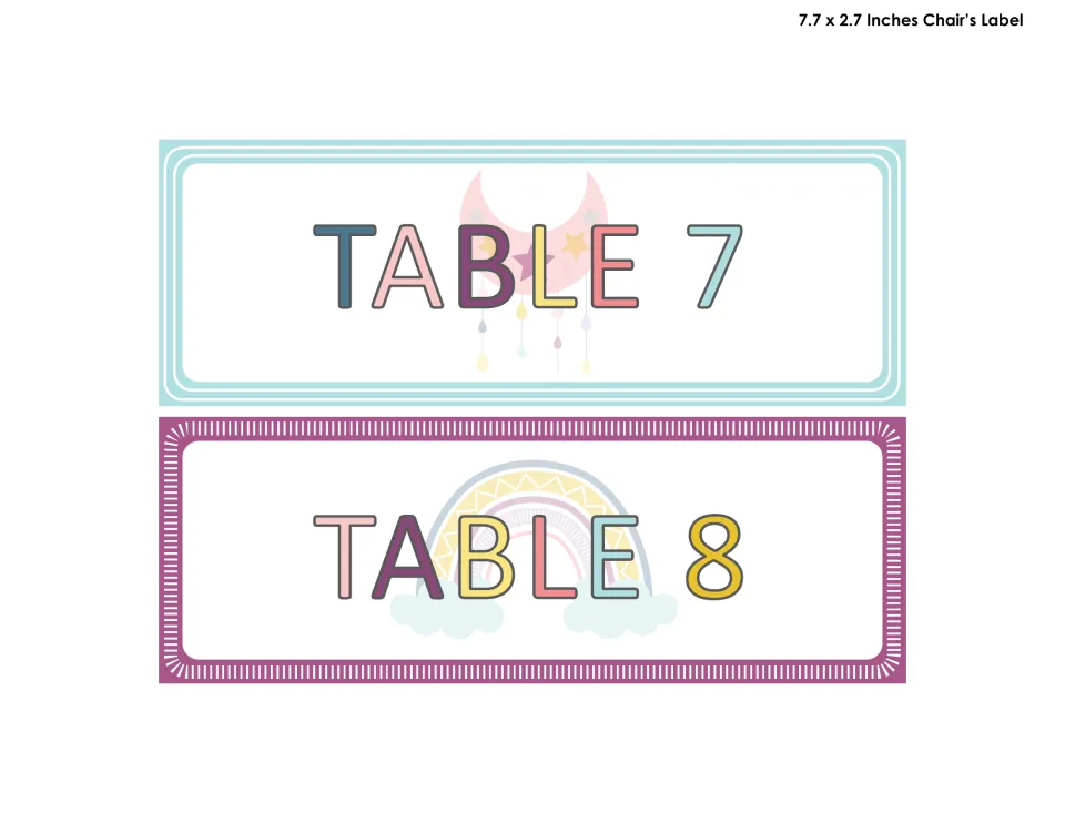 Table 7 and Table 8 labels in pastel letters, one with a teal frame and pink moon, one with a purple frame and rainbow