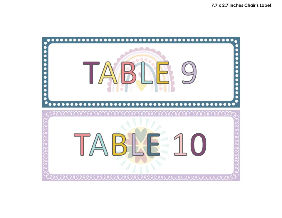 Table 9 and Table 10 labels in pastel letters, one with a blue frame and rainbow, one with a lavender frame and heart