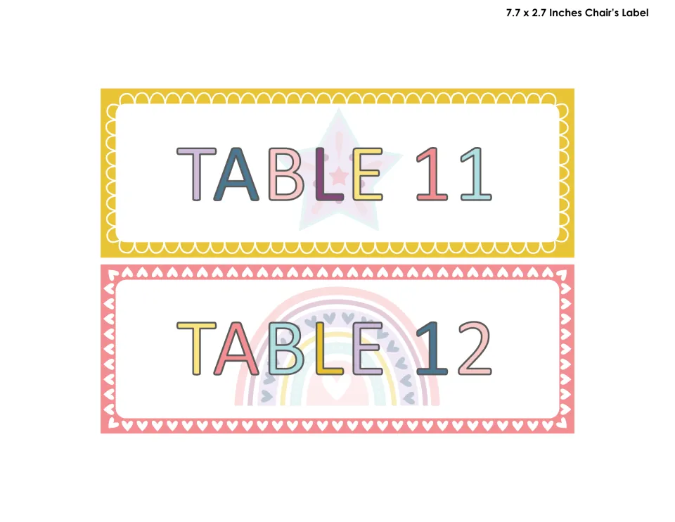 Table 11 and Table 12 labels in pastel letters, one with a yellow frame and star, one with a pink heart frame
