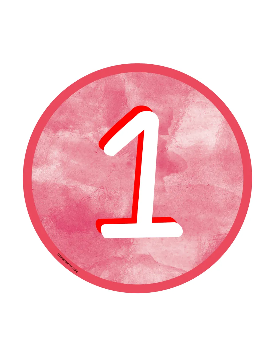 Table number 1: a large white numeral 1 on a red watercolor circle sign, ready to print and cut out for the first table