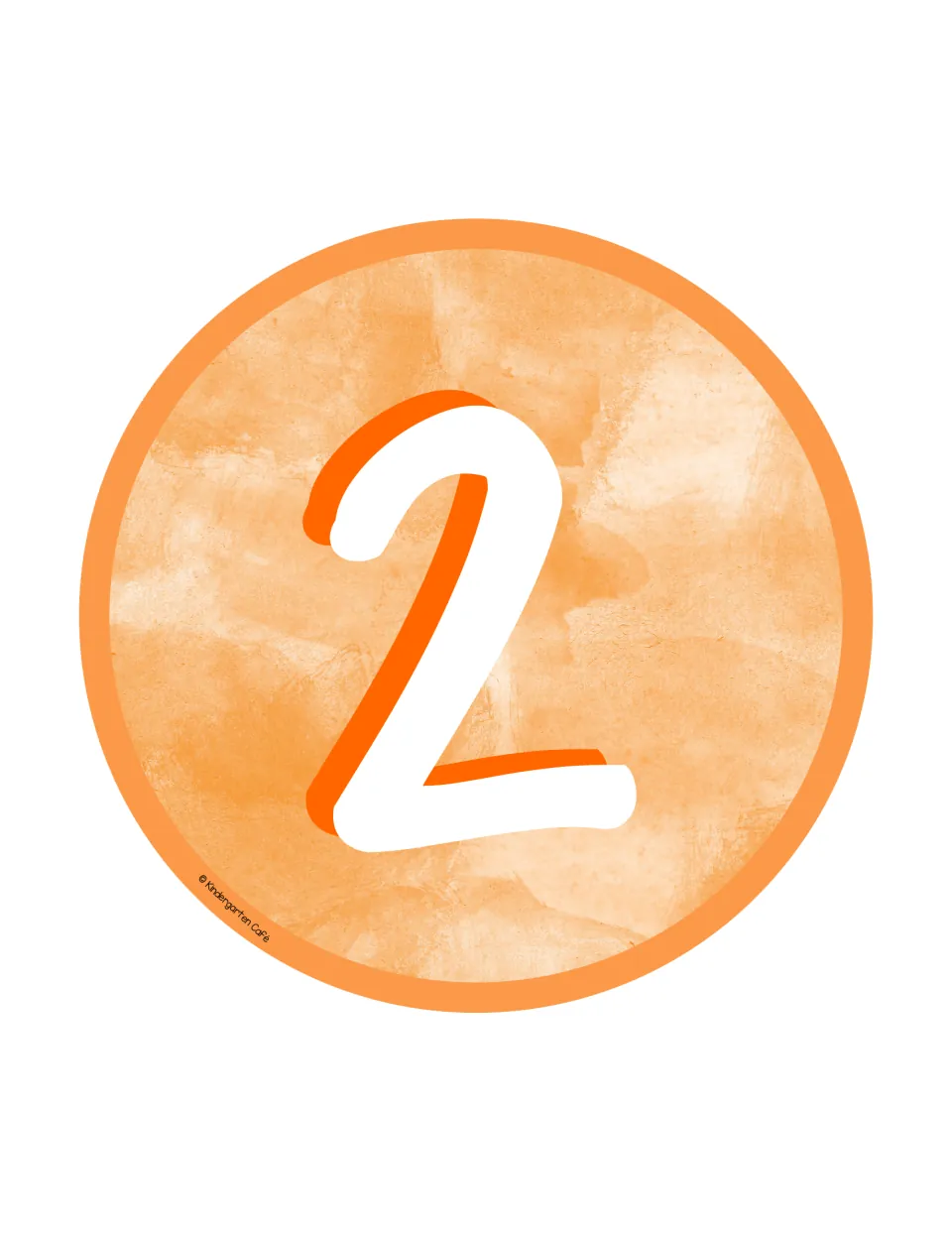 Table number 2: a large white numeral 2 on an orange watercolor circle sign to print, cut out and place on table two