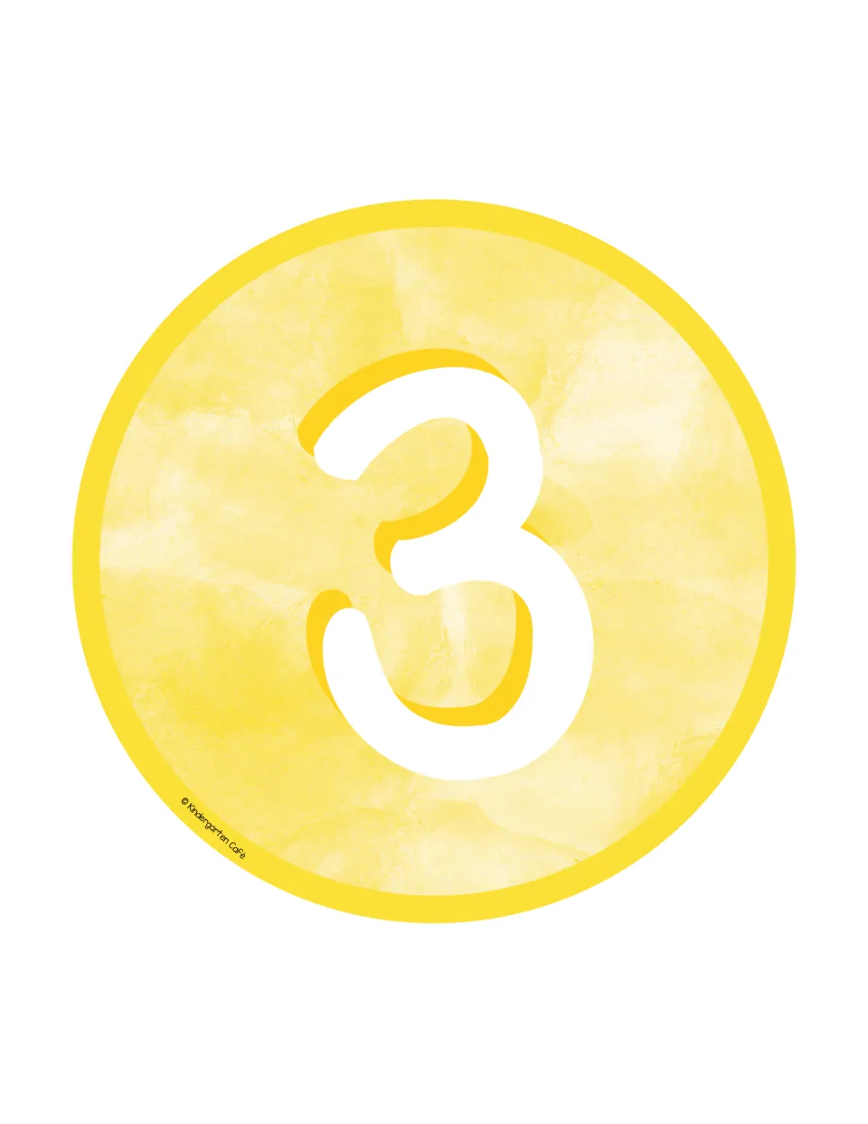 Table number 3: a large white numeral 3 on a yellow watercolor circle sign for identifying the third table in the room