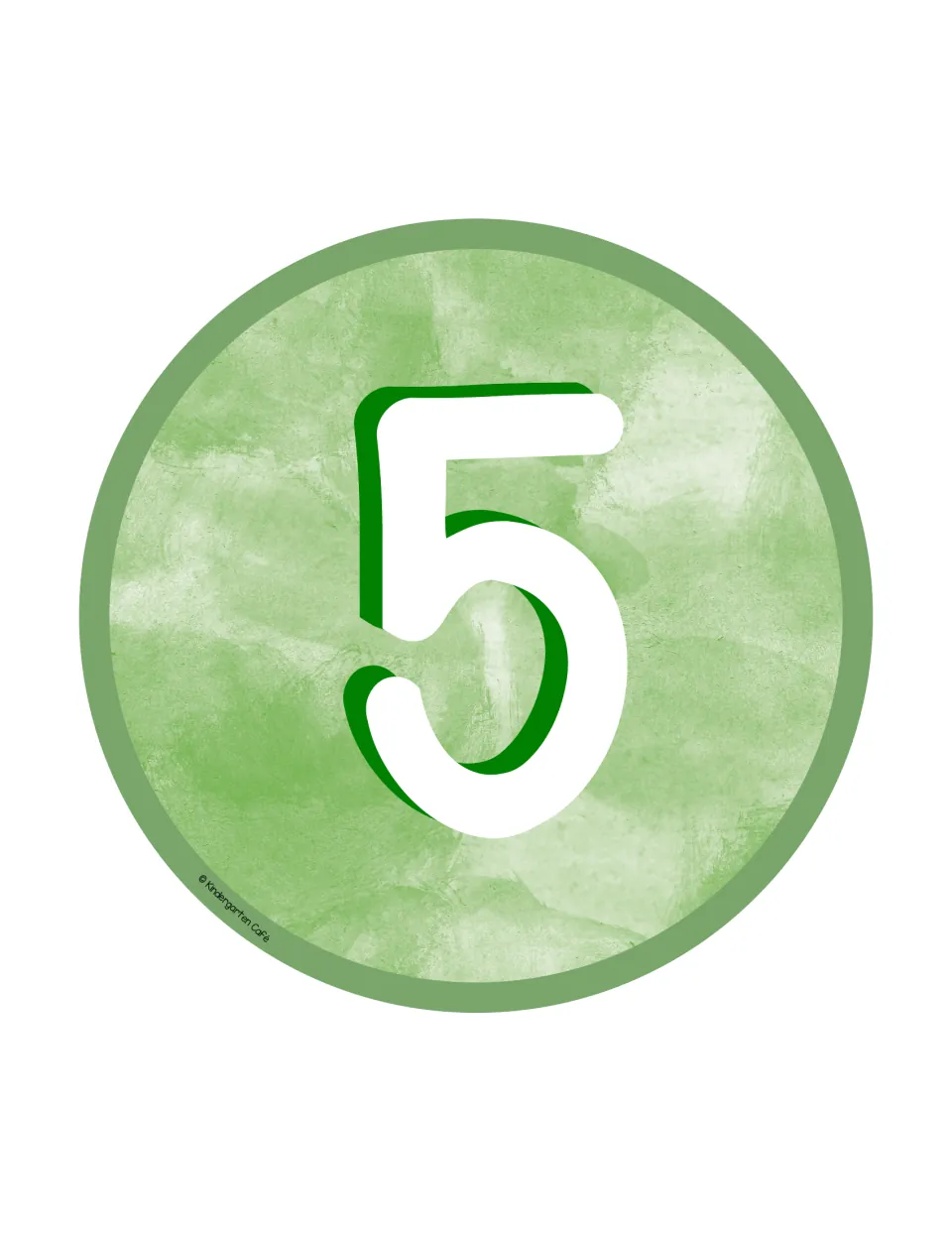 Table number 5: a large white numeral 5 on a medium green watercolor circle sign marking the fifth student table