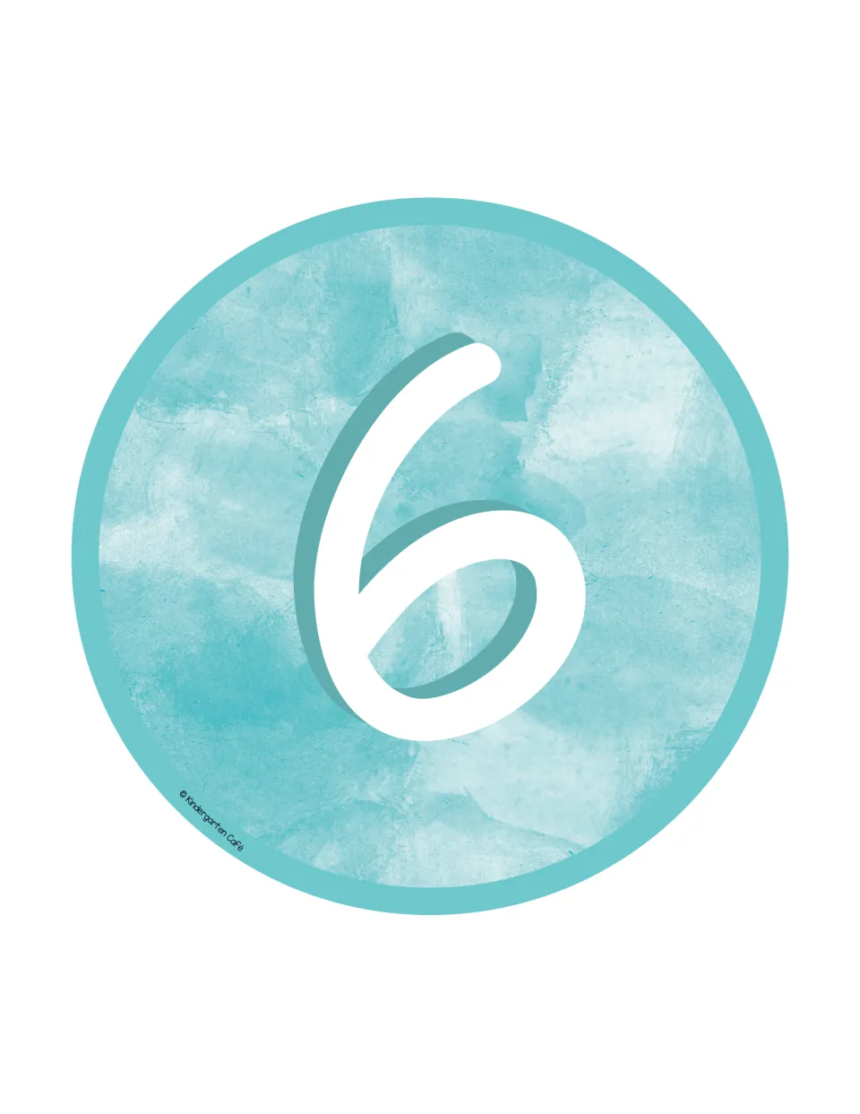 Table number 6: a large white numeral 6 on a teal watercolor circle sign to print and tape onto table six