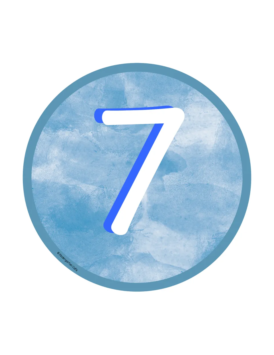 Table number 7: a large white numeral 7 on a blue watercolor circle sign for marking the seventh table in the classroom