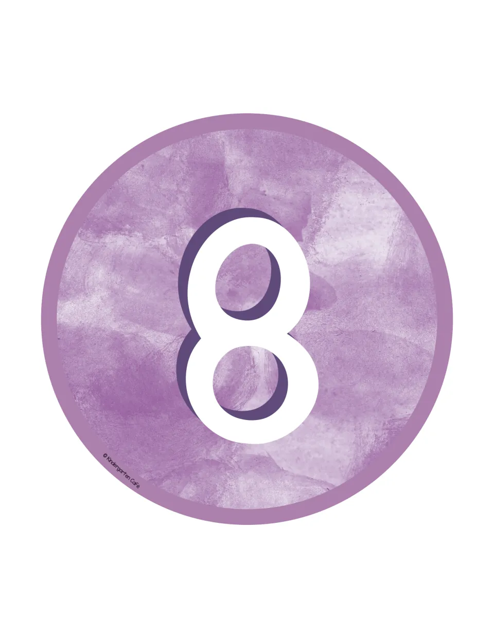 Table number 8: a large white numeral 8 on a purple watercolor circle sign, the last numbered table sign in the set