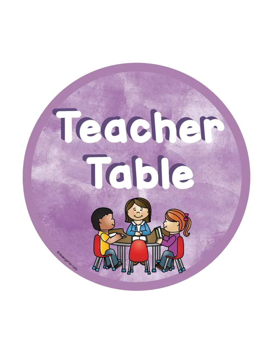 Teacher Table sign on a purple watercolor circle, with clip art of a teacher reading books with two children at a table
