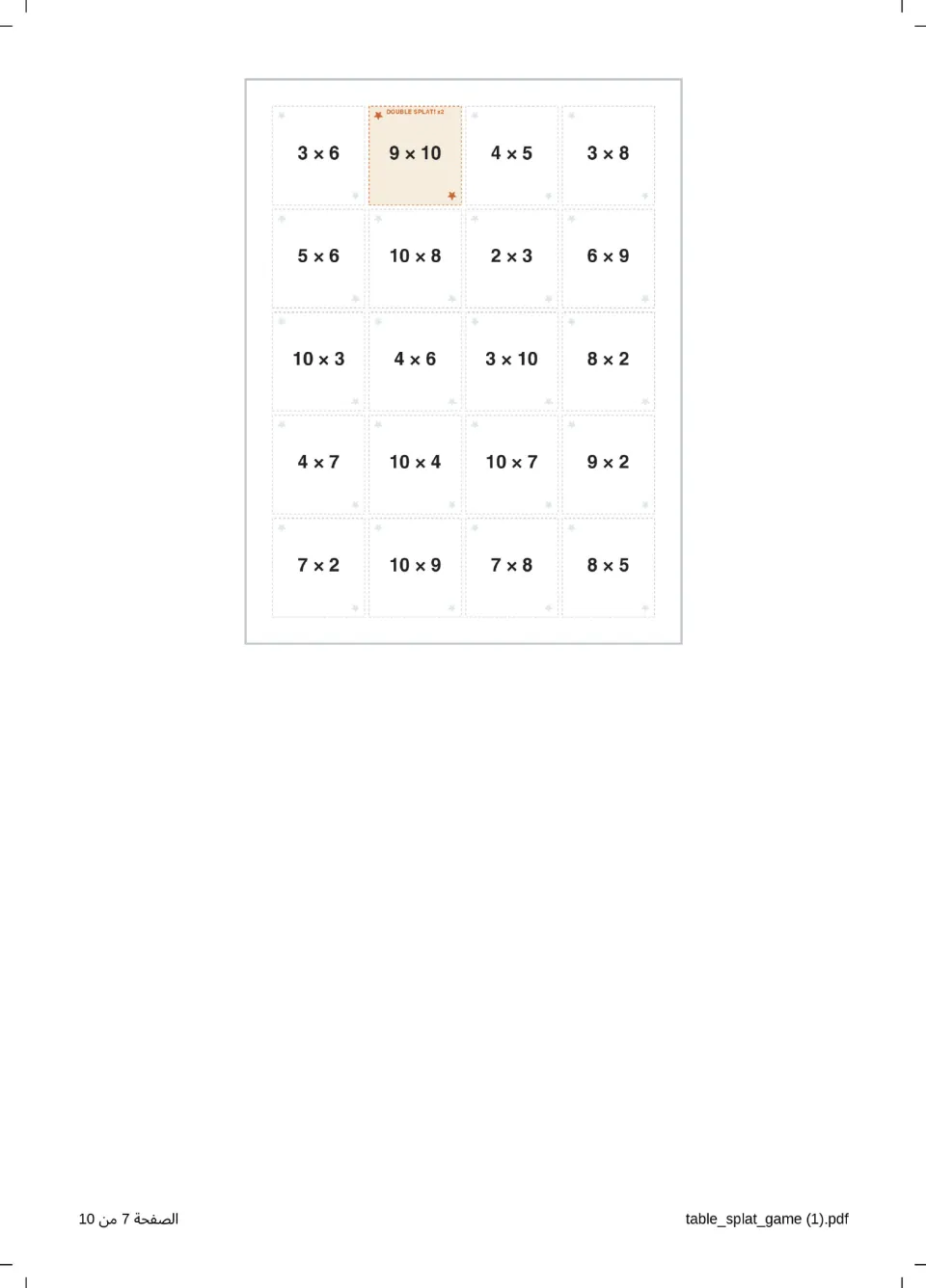 More question cards to cut out: 20 facts including 3 x 6, 10 x 3 and 8 x 5, with 9 x 10 marked as a Double Splat card