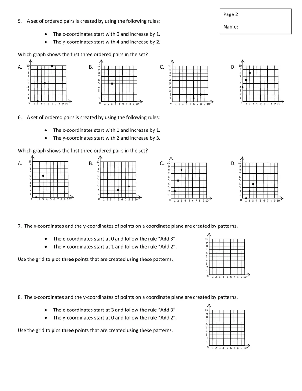 Graphing ordered pairs from rules: students pick the graph showing the first three points, then plot three points