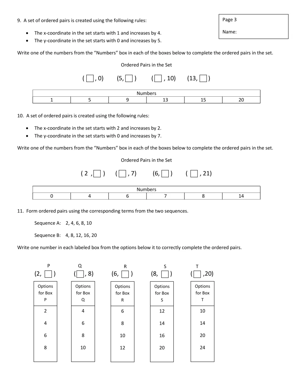 Completing ordered pairs: students choose numbers to fill missing x or y values from coordinate rules and two sequences
