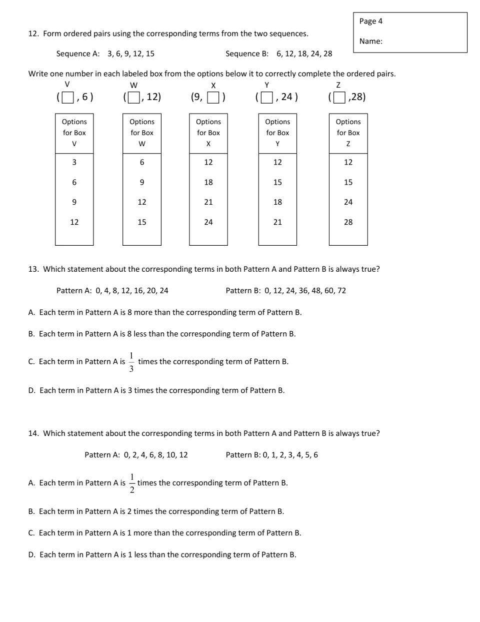 Corresponding terms: students complete ordered pairs from Sequences A and B and choose how two patterns relate